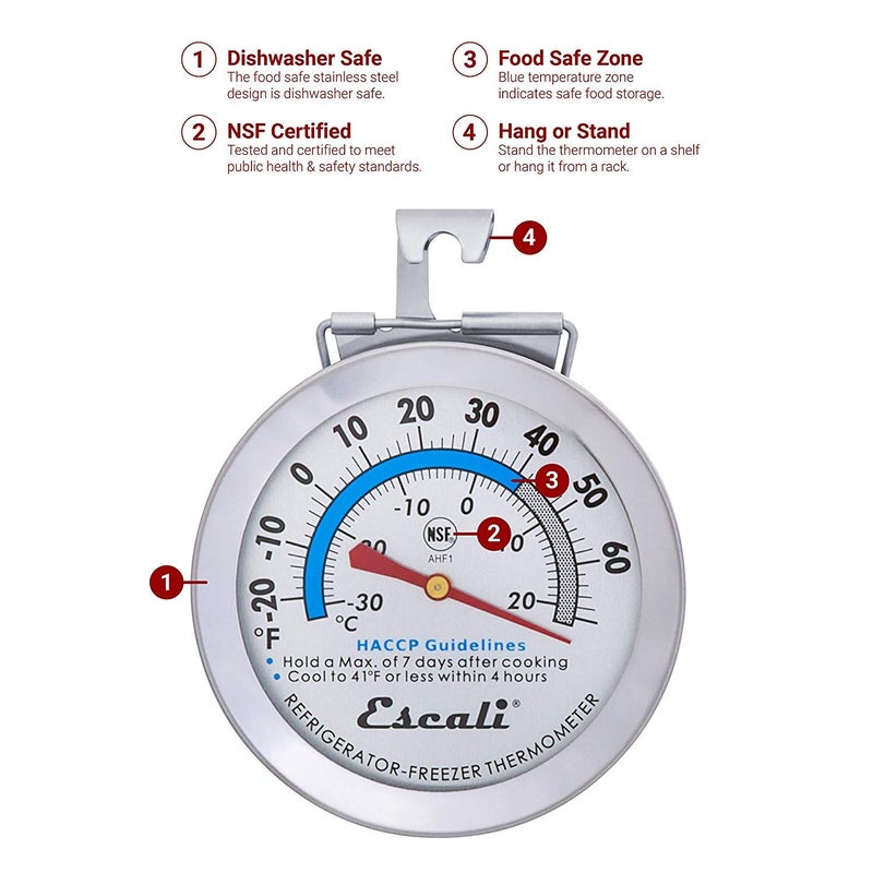 Escali AHF1 Stainless Steel Large Dial Refrigerator Freezer Thermometer for Hanging or Standing on a Fridge or Freezer HACCP Zones NSF Certified - Image 3
